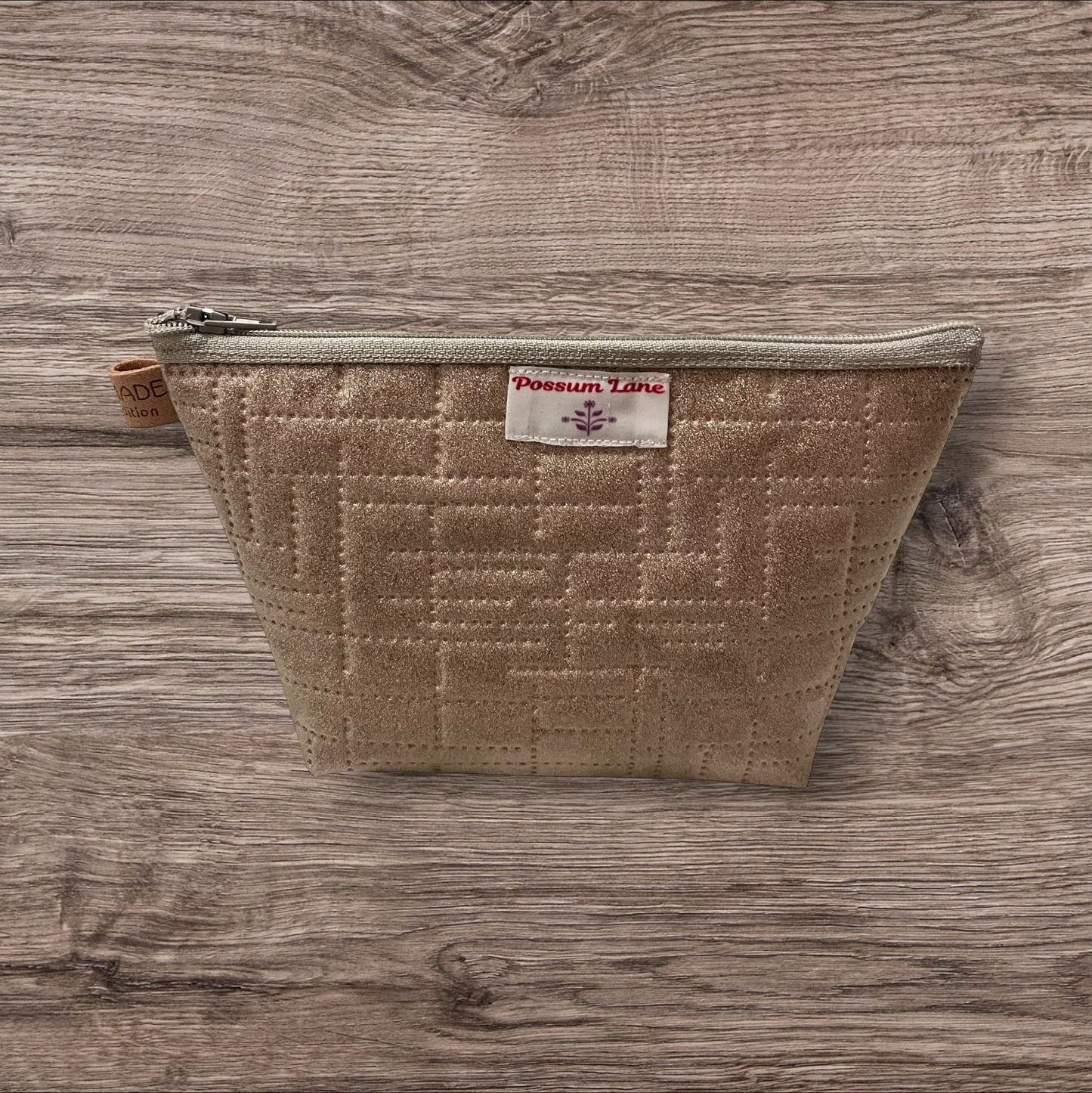 Tan Embroidered Zippered Cosmetic Pouch